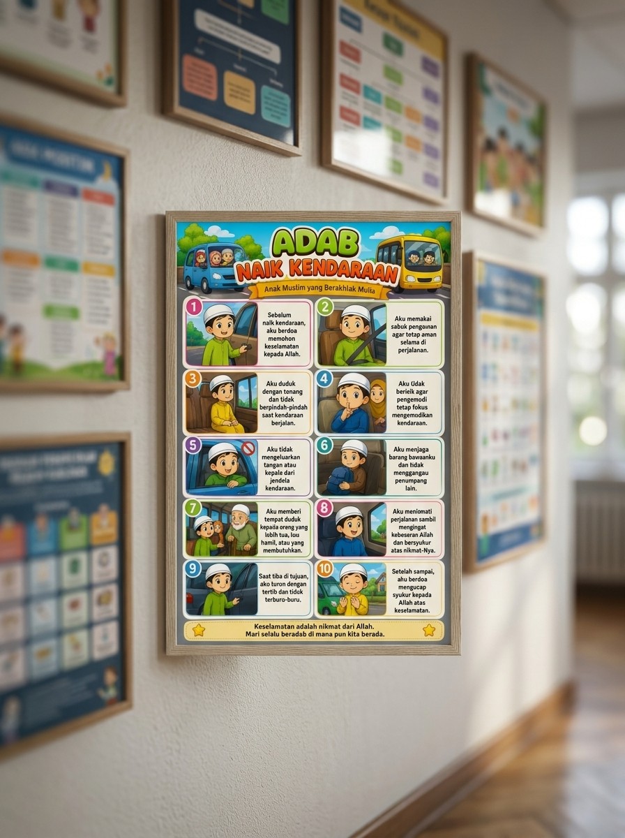 Poster Edukasi Anak Muslim Doa & Adab Naik Kendaraan Berpergian - Wall Decor Islami Anak TK SD Premium