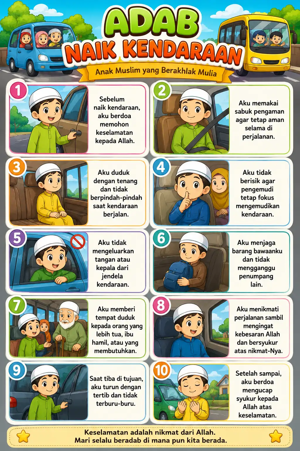 Poster Edukasi Anak Muslim Doa & Adab Naik Kendaraan Berpergian - Wall Decor Islami Anak TK SD Premium