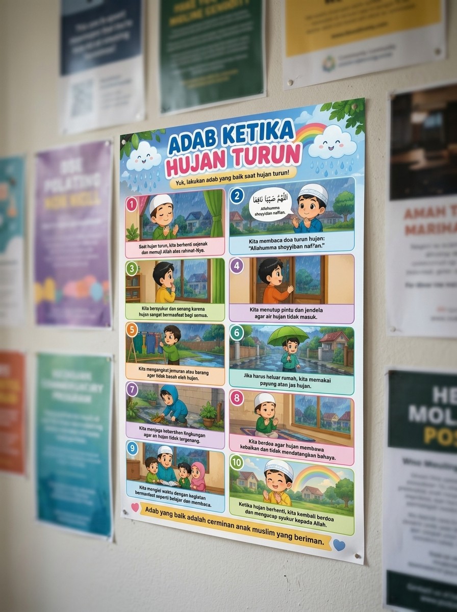 Poster Doa dan Adab Ketika Hujan Turun Pajangan Dinding Islami - Wall Decor Belajar Doa Harian Anak