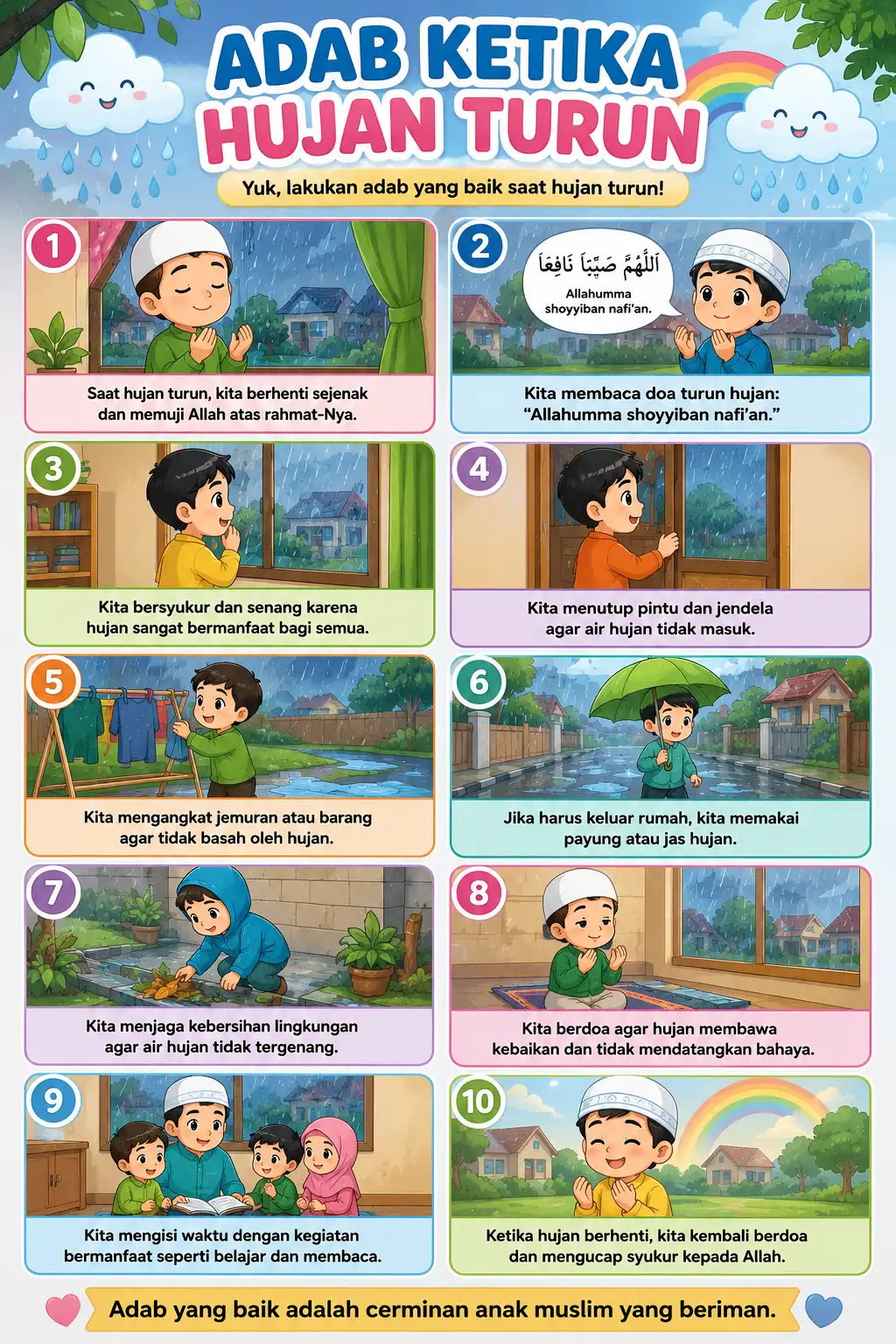 Poster Doa dan Adab Ketika Hujan Turun Pajangan Dinding Islami - Wall Decor Belajar Doa Harian Anak