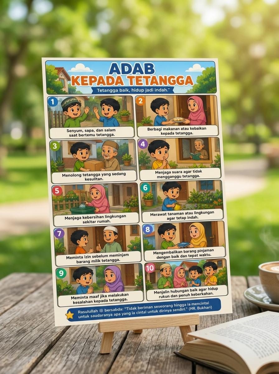 Poster Edukasi Anak Islami Adab Kepada Tetangga - Hiasan Dinding Kamar Anak Muslim A3+ Berkualitas