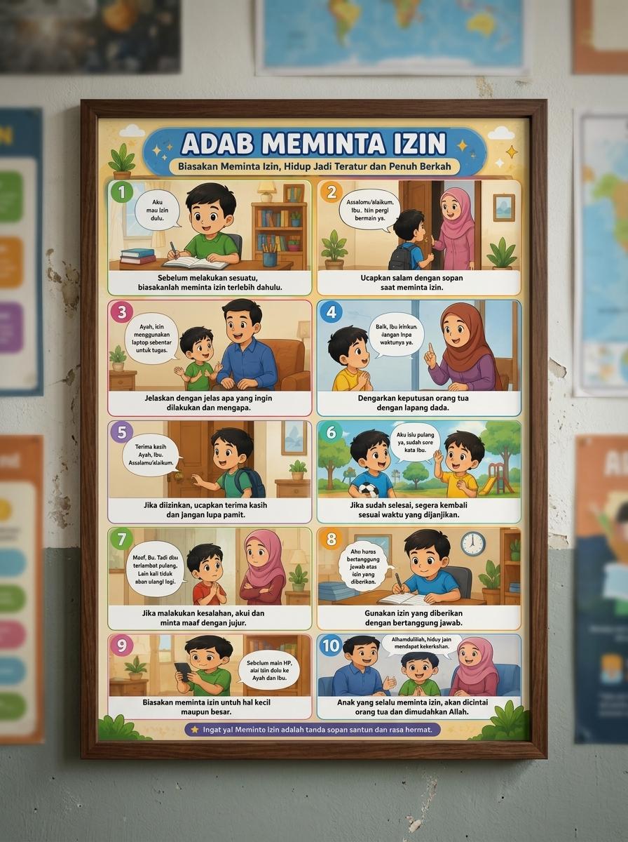 Poster Edukasi Anak Muslim Adab Meminta Izin - Hiasan Dinding Kamar Anak TK PAUD Islami