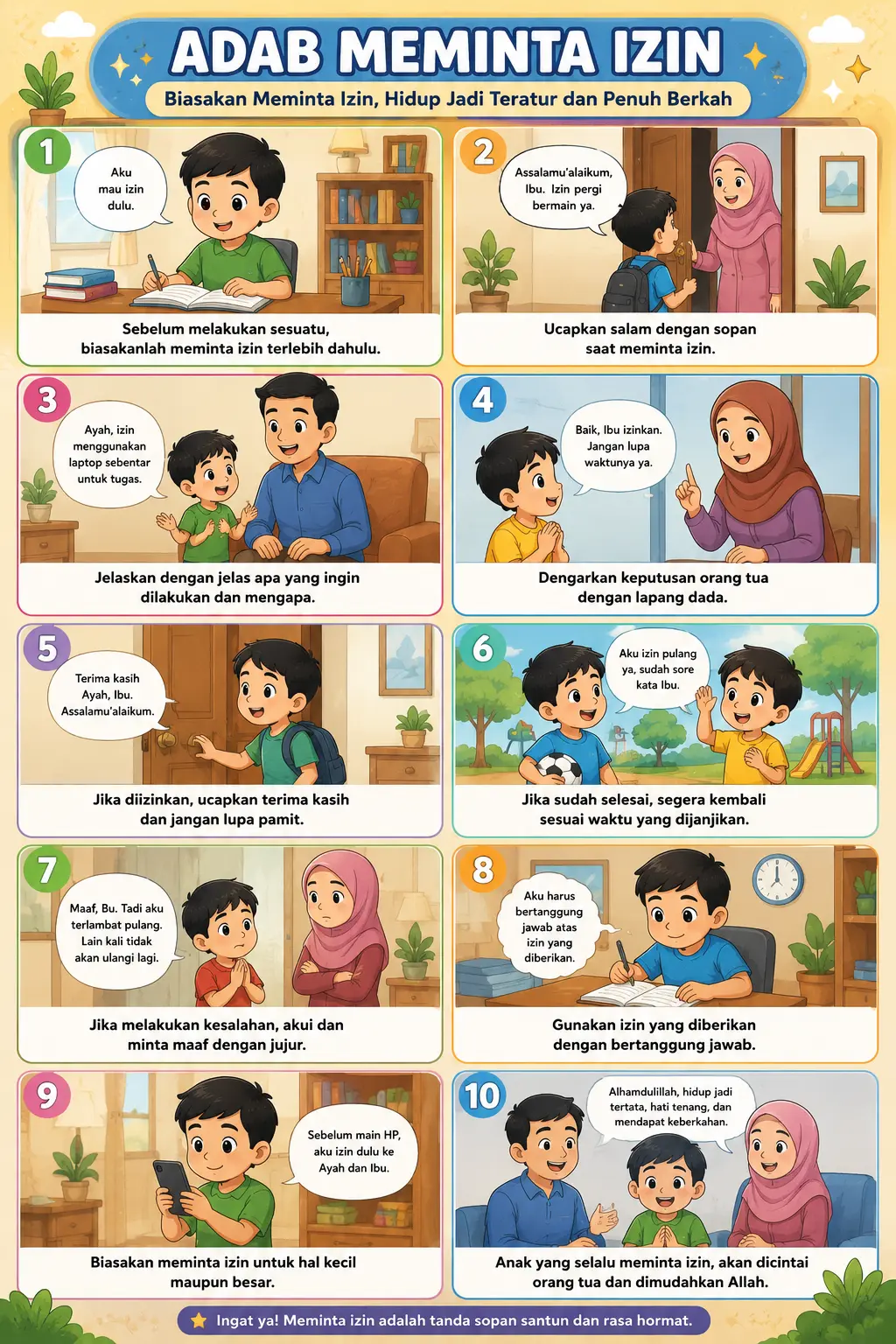 Poster Edukasi Anak Muslim Adab Meminta Izin - Hiasan Dinding Kamar Anak TK PAUD Islami
