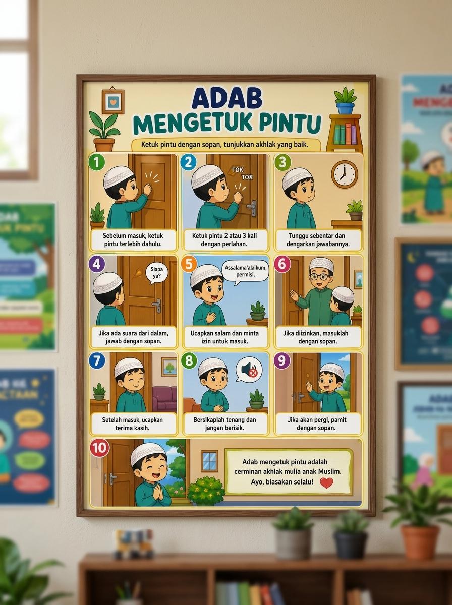 [TERMURAH] Poster Adab Mengetuk Pintu Dekorasi Dinding Islami Poster Belajar Anak Muslim