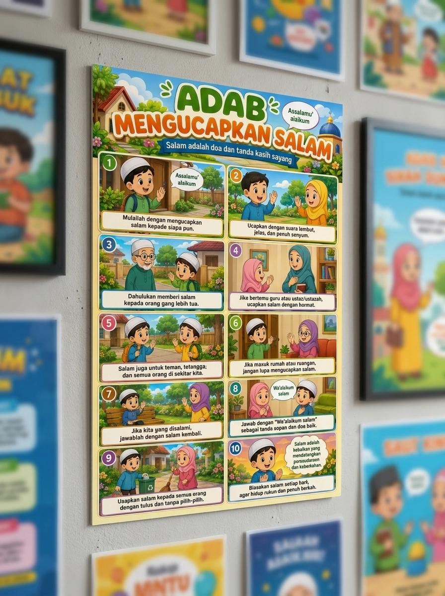 Poster Adab Mengucapkan Salam Media Belajar Anak TK PAUD - Poster Islami Edukatif - Kualitas Premium