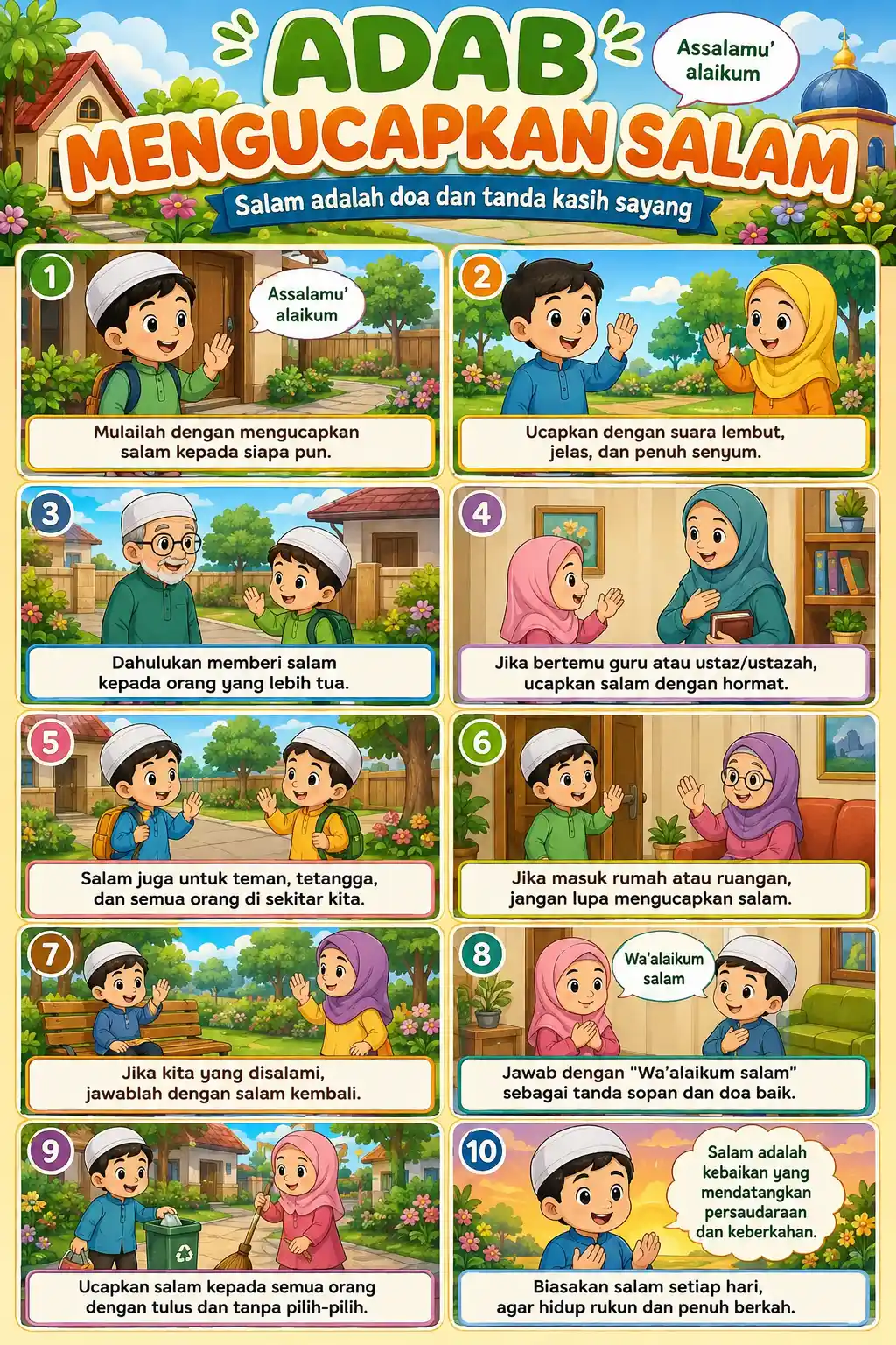Poster Adab Mengucapkan Salam Media Belajar Anak TK PAUD - Poster Islami Edukatif - Kualitas Premium