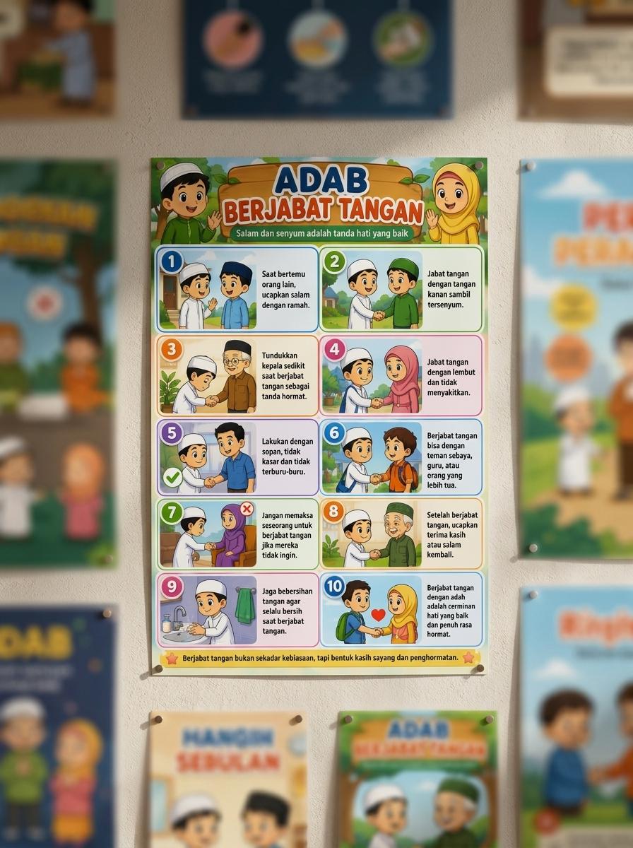 Poster Adab Berjabat Tangan Aesthetic Edukasi Anak Media Belajar TK SD SMP Dekorasi Dinding Islami