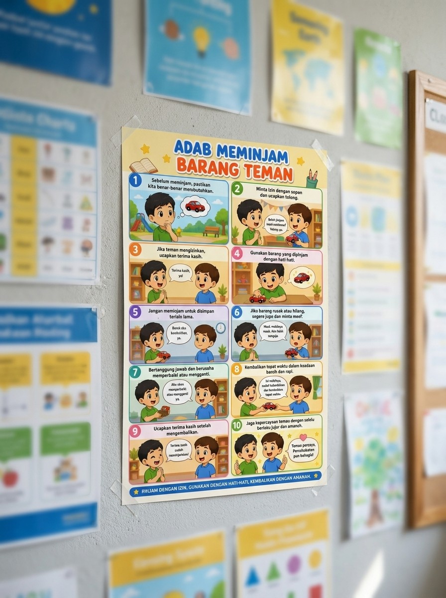 Hiasan Dinding Poster Adab Meminjam Barang Teman Alat Peraga Edukasi Sekolah TK SD Aesthetic