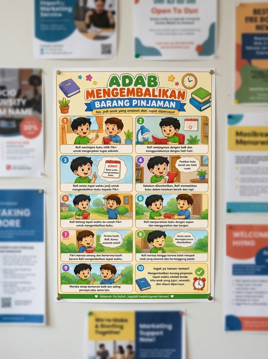 Poster Edukasi Anak Adab Mengembalikan Barang Pinjaman - Media Pembelajaran Akhlak Islam Hiasan Dinding A3+