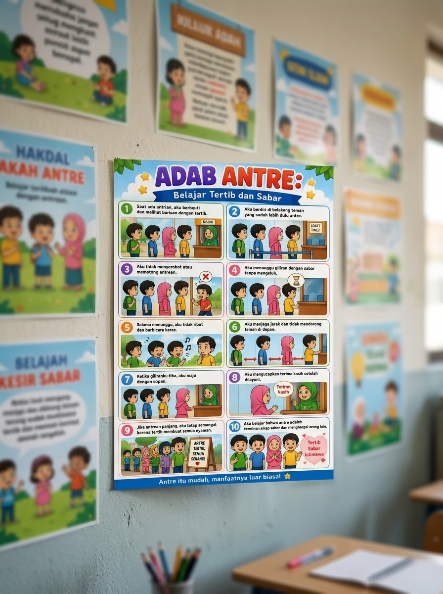Poster Belajar Adab Antre Dekorasi Dinding Kamar Anak TK PAUD Edukatif