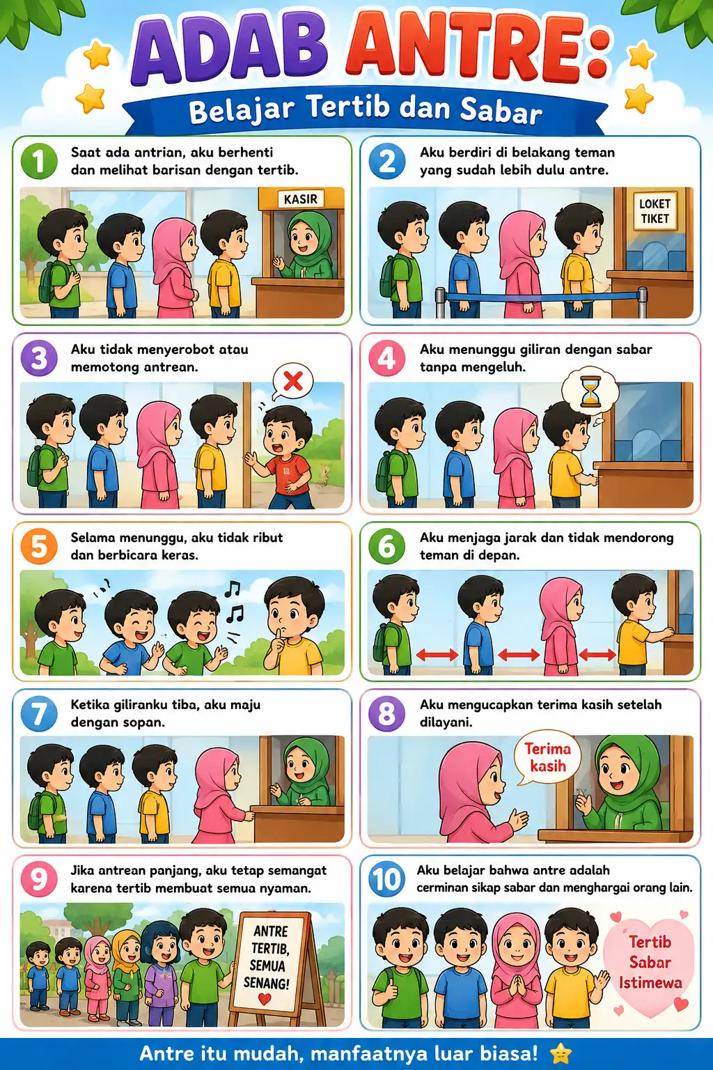 Poster Belajar Adab Antre Dekorasi Dinding Kamar Anak TK PAUD Edukatif