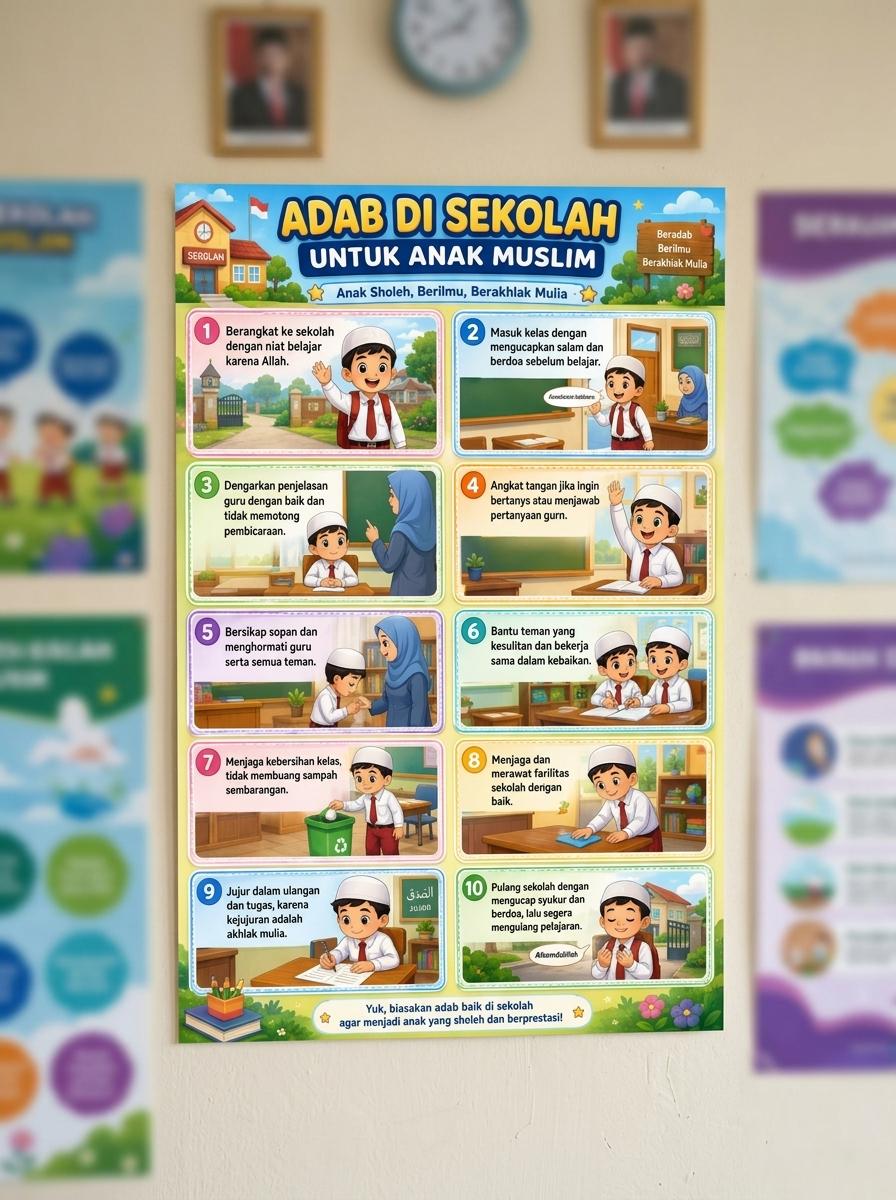 Hiasan Dinding Poster Edukasi Anak Muslim Adab Sekolah TK PAUD SD