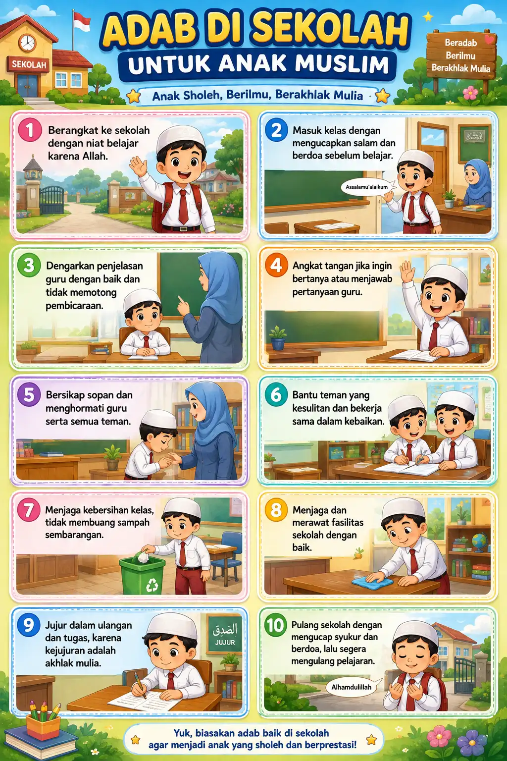 Hiasan Dinding Poster Edukasi Anak Muslim Adab Sekolah TK PAUD SD
