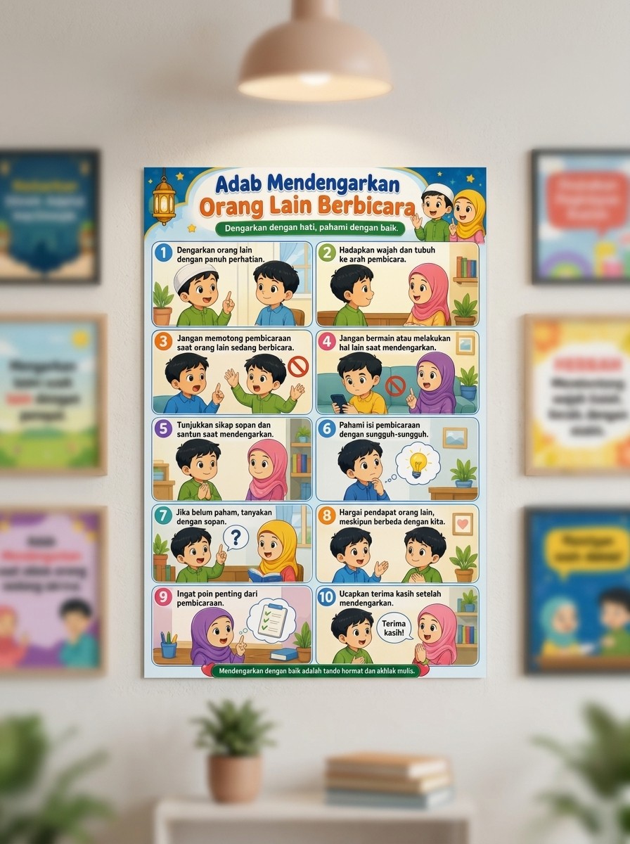 [TERMURAH] Poster Adab Mendengarkan Orang Lain Berbicara - Media Belajar Anak TK SD Karakter