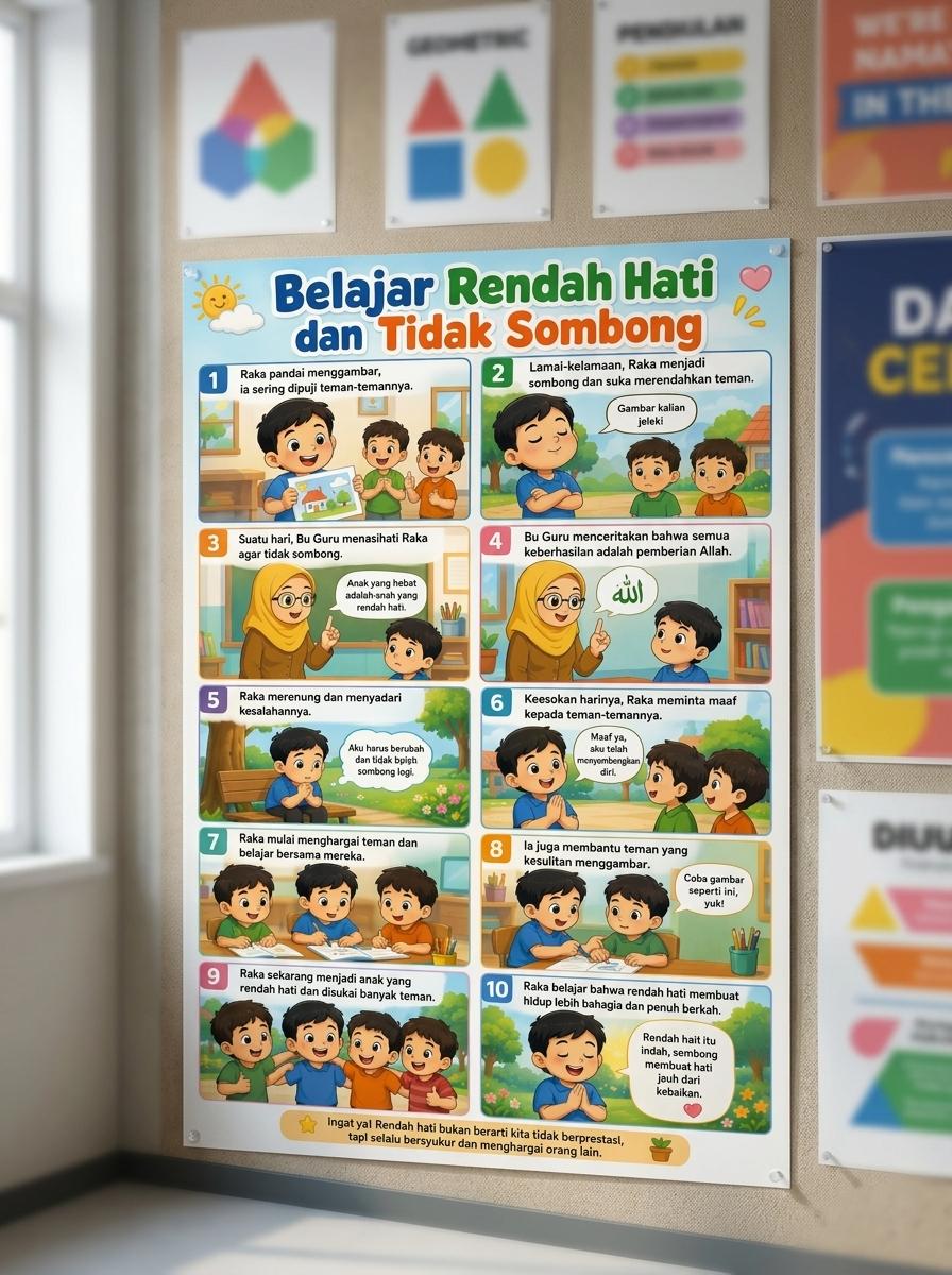 Poster Belajar Rendah Hati Termurah - Alat Peraga Edukasi Anak PAUD TK SD Media Belajar Karakter Baik