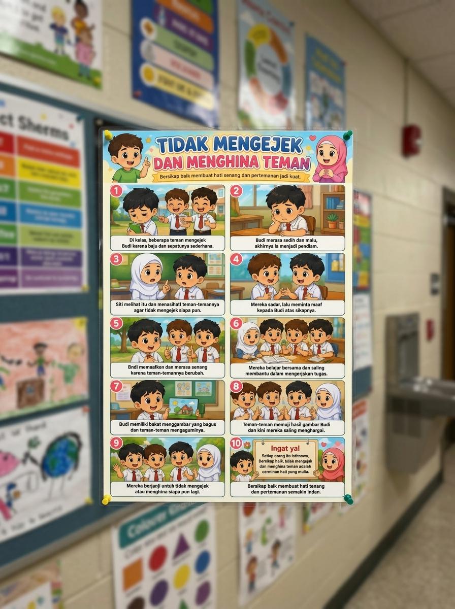 Poster Edukasi Anak Anti Bullying - Poster Adab Tidak Mengejek Teman - Hiasan Dinding Sekolah TK SD Termurah