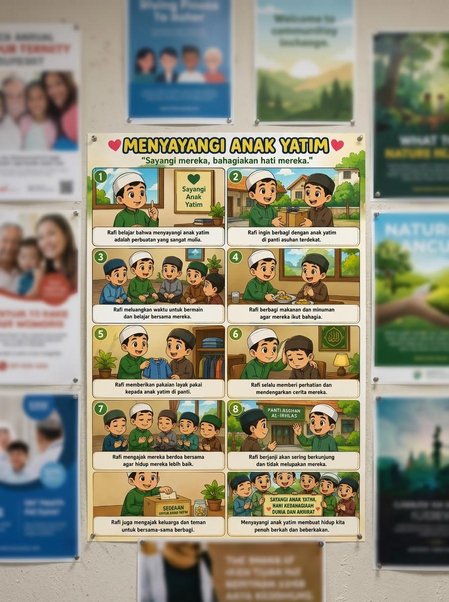Poster Edukasi Anak Muslim Menyayangi Anak Yatim Dekorasi Kamar Belajar Islami