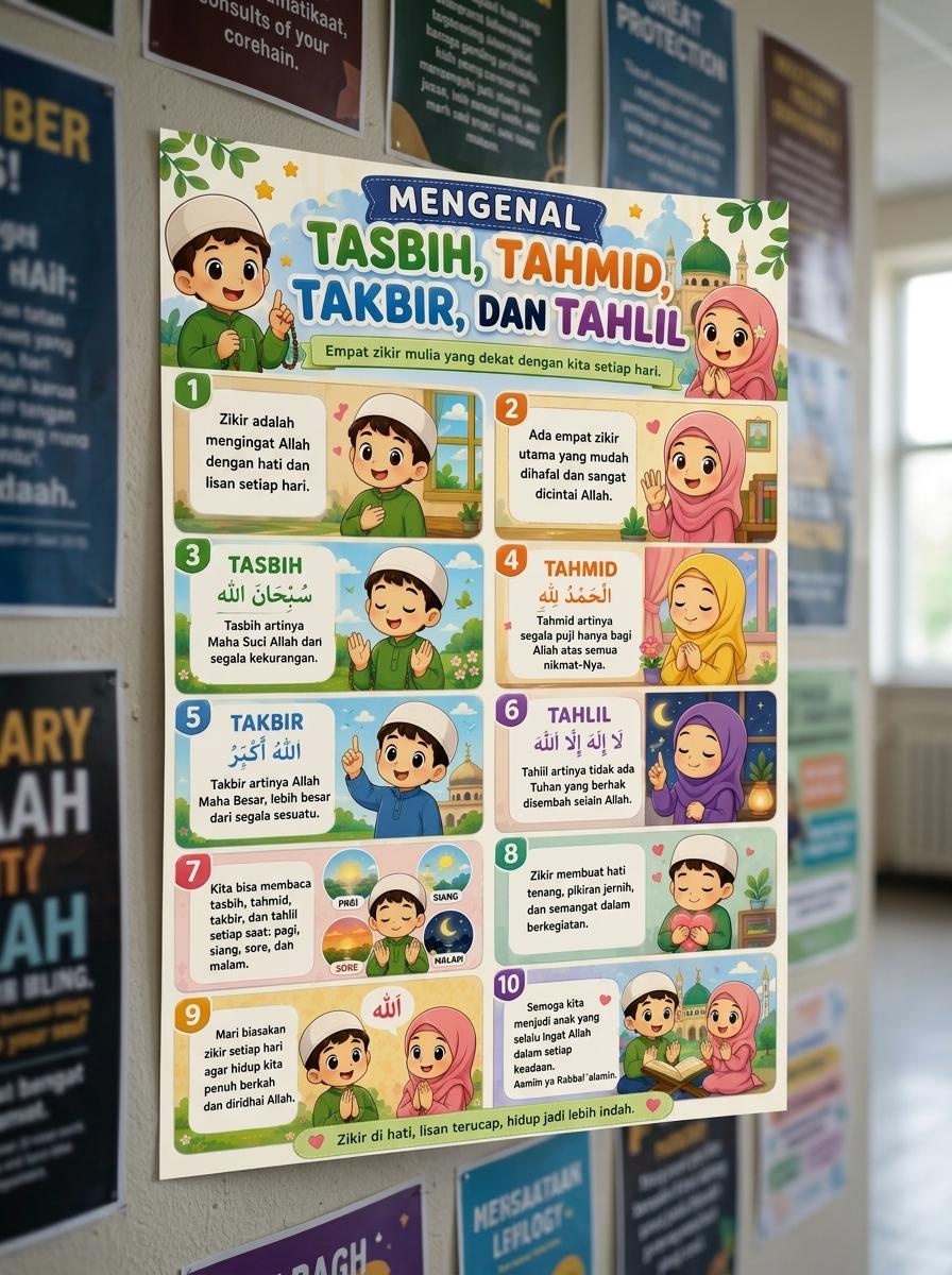 Hiasan Dinding Poster Kalimat Thayyibah Tasbih Tahmid Takbir Tahlil Edukasi Anak TK SD