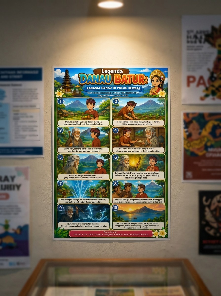 Hiasan Dinding Poster Legenda Danau Batur Bali - Pajangan Estetik Edukasi Cerita Rakyat Nusantara A3+