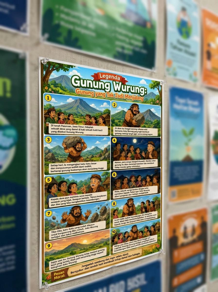 Poster Edukasi Cerita Rakyat Legenda Gunung Wurung Dekorasi Dinding Budaya Indonesia