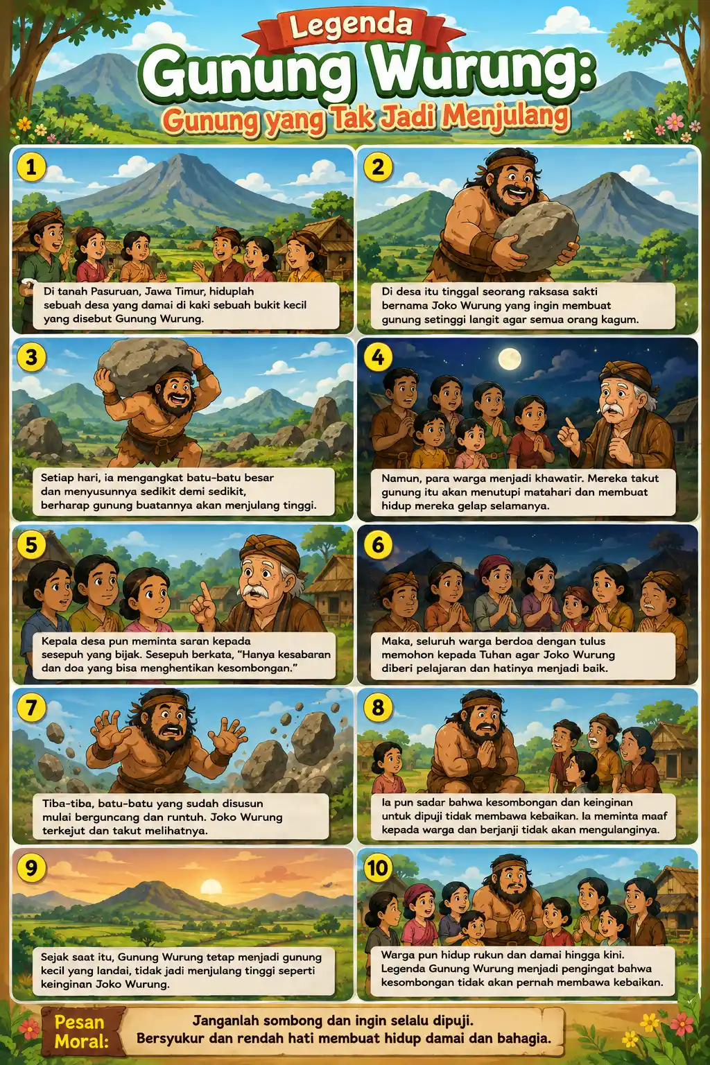 Poster Edukasi Cerita Rakyat Legenda Gunung Wurung Dekorasi Dinding Budaya Indonesia