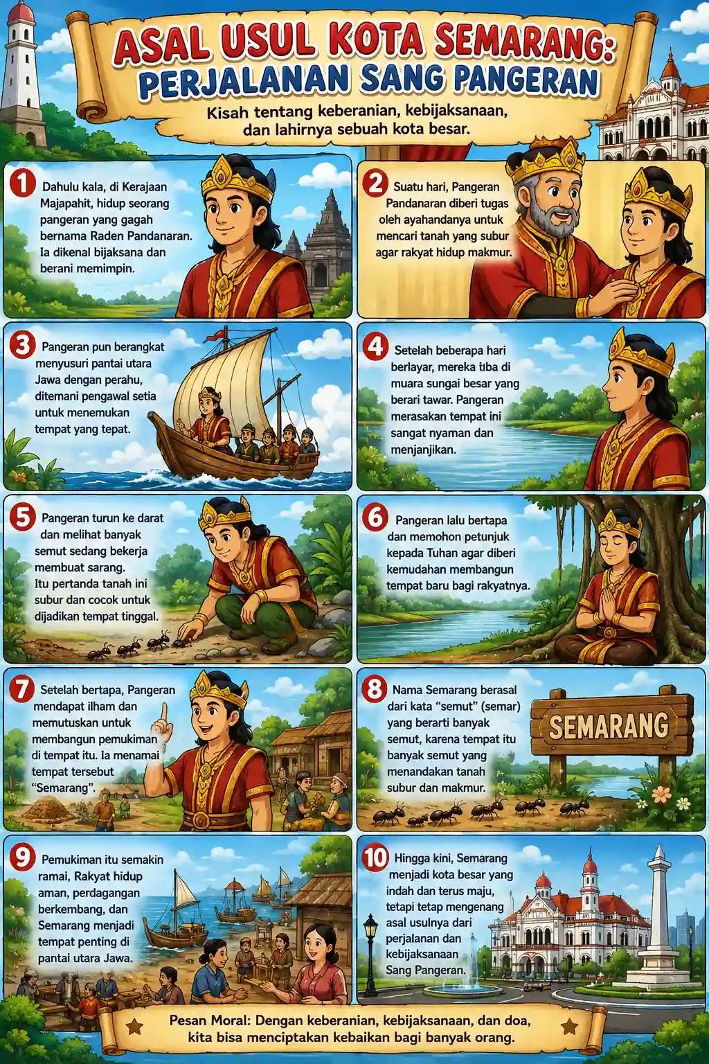 POSTER EDUKASI ANAK Sejarah Asal Usul Kota Semarang Perjalanan Sang Pangeran Hiasan Dinding Kamar