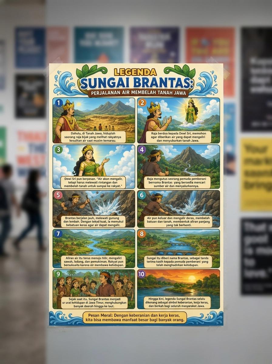Poster Legenda Sungai Brantas Peta Sejarah Jawa Timur Pajangan Dinding Edukasi Unik Kado