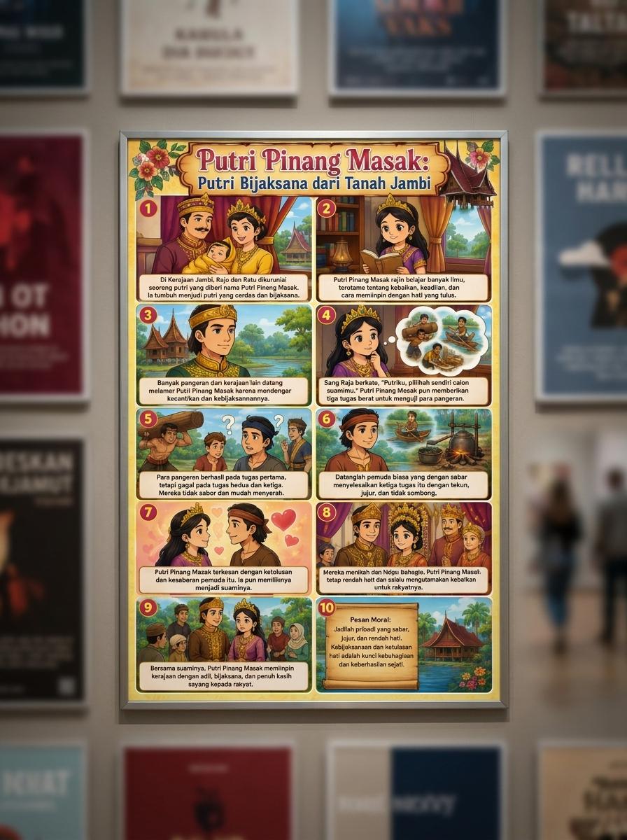 Poster Cerita Rakyat Putri Pinang Masak Jambi Pajangan Dinding Edukasi Sejarah Indonesia