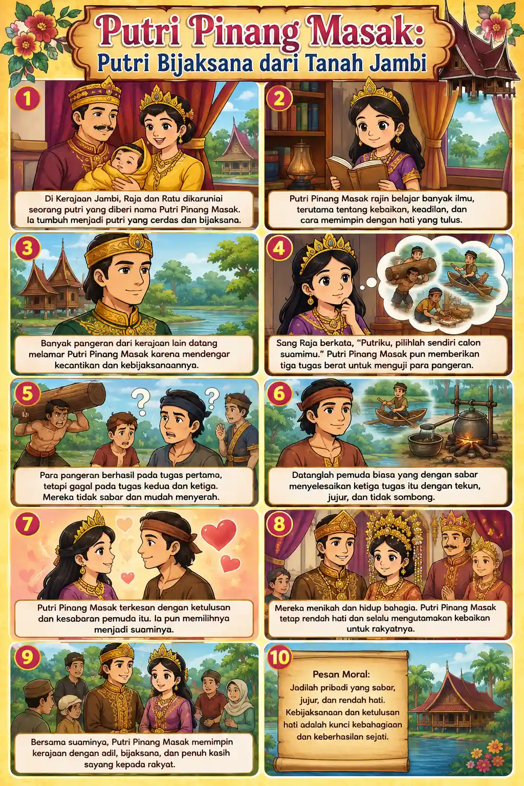 Poster Cerita Rakyat Putri Pinang Masak Jambi Pajangan Dinding Edukasi Sejarah Indonesia