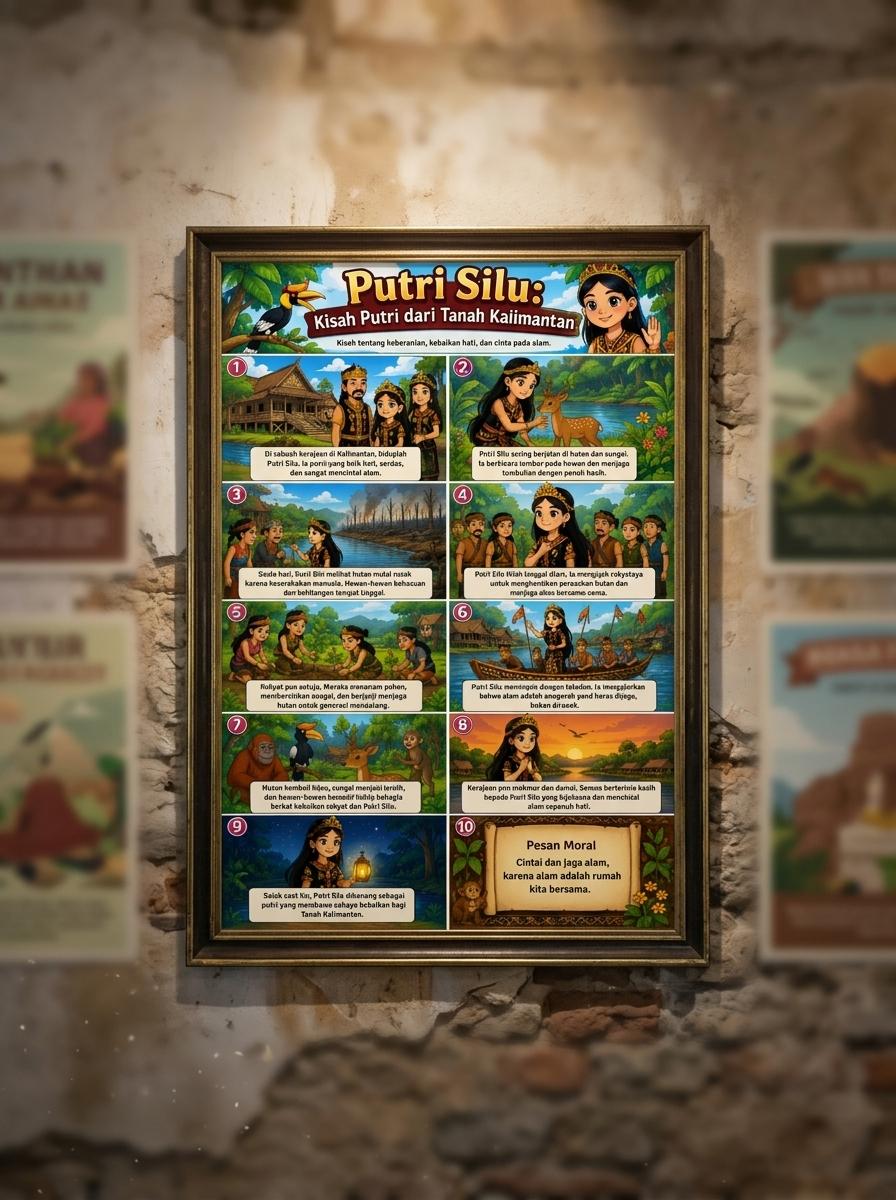 Poster Edukasi Anak Cerita Rakyat Putri Silu Asal Kalimantan - Media Belajar Budaya Tradisional