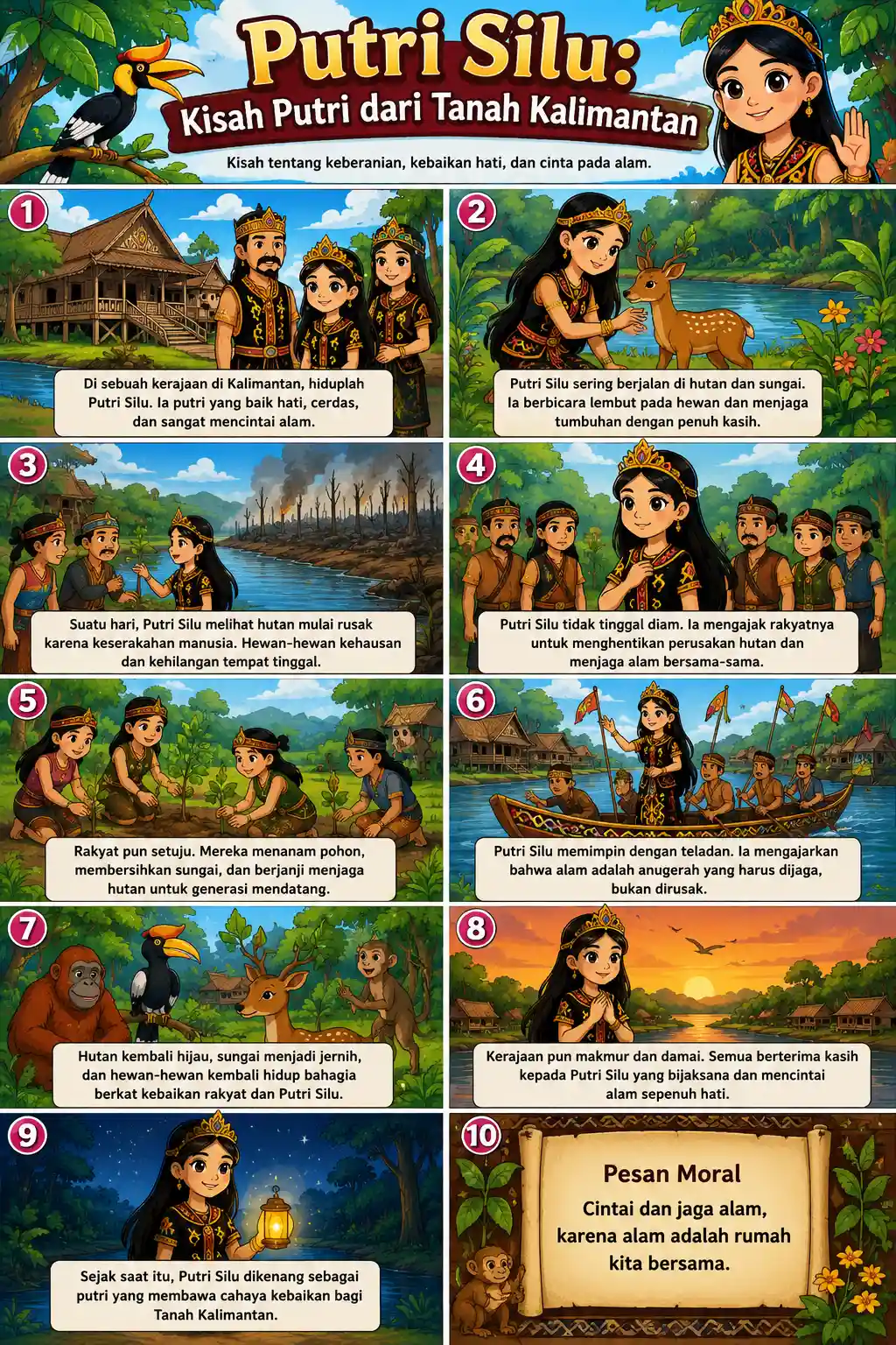 Poster Edukasi Anak Cerita Rakyat Putri Silu Asal Kalimantan - Media Belajar Budaya Tradisional