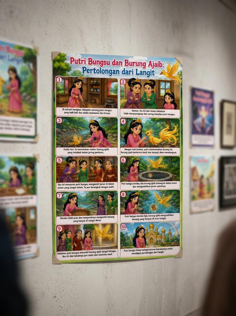 Poster Edukasi Anak Putri Bungsu dan Burung Ajaib Hiasan Dinding Kamar Tidur Minimalis