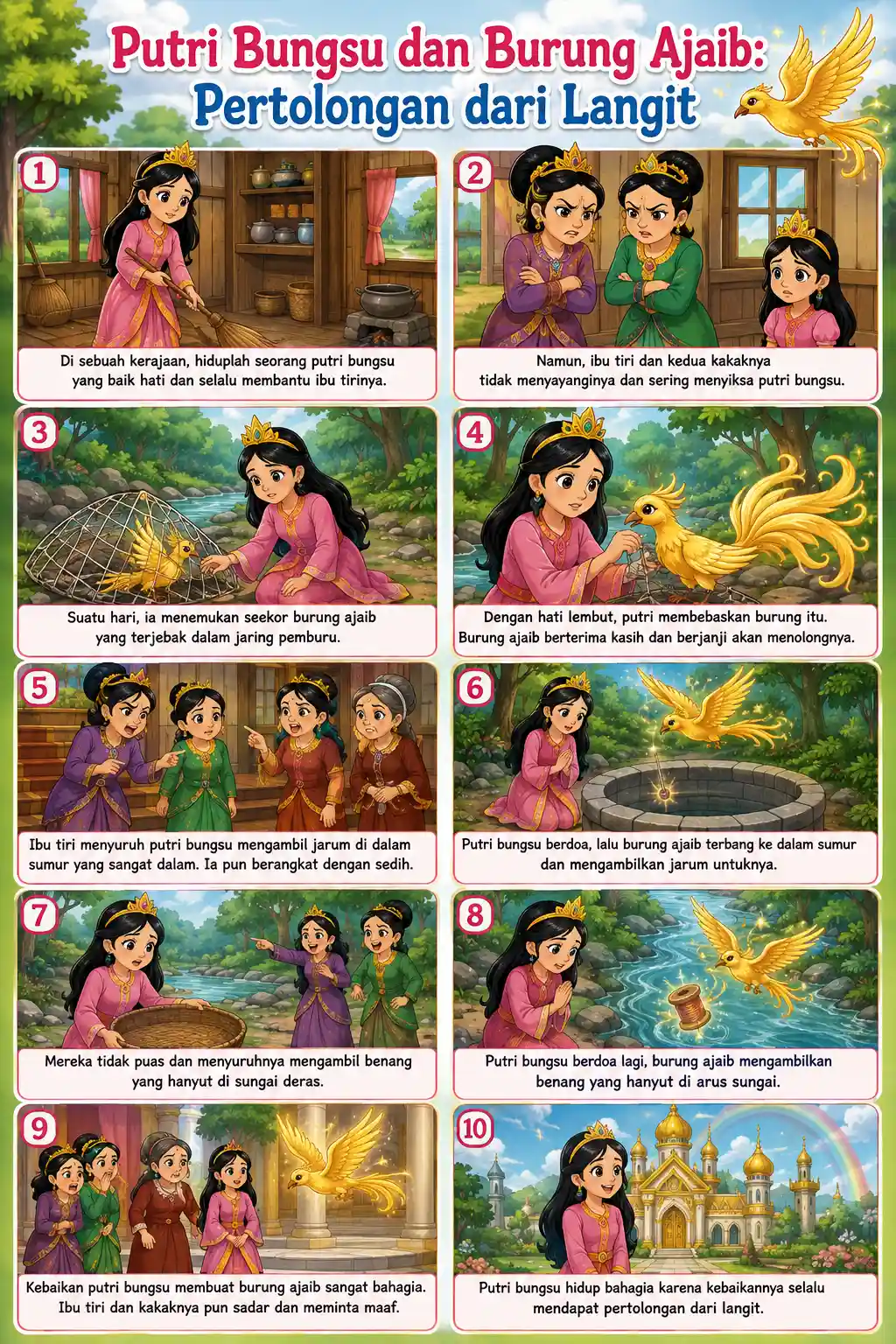 Poster Edukasi Anak Putri Bungsu dan Burung Ajaib Hiasan Dinding Kamar Tidur Minimalis