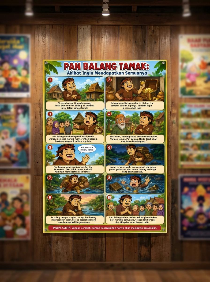 Poster Cerita Rakyat Bali Pan Balang Tamak Edukasi Anak Hiasan Dinding A3+