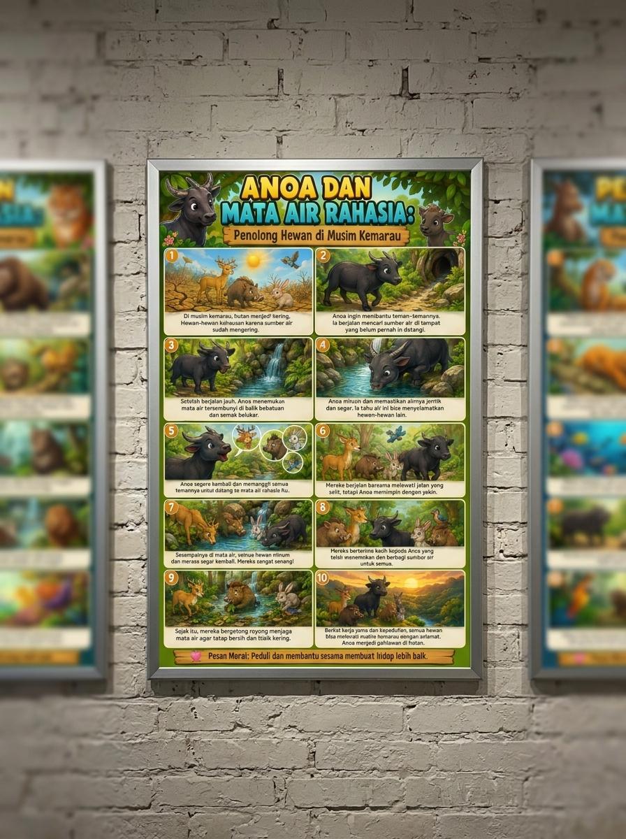 Poster Edukasi Anak Anoa dan Mata Air Rahasia Cerita Hewan Musim Kemarau Dekorasi Dinding TK SD