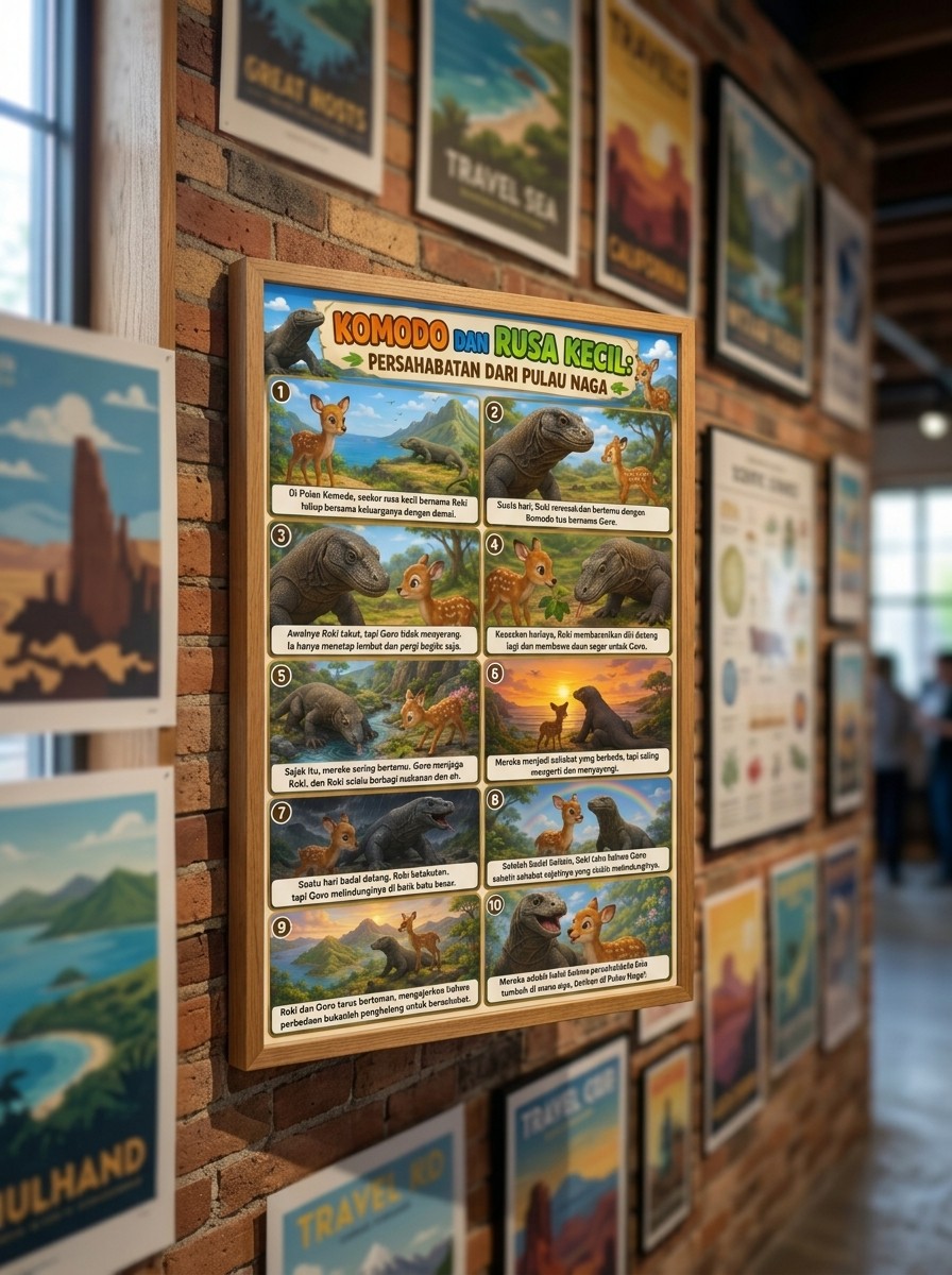 Poster Edukasi Anak Hewan Komodo & Rusa Kecil Persahabatan Pulau Naga - Hiasan Dinding Lucu Berkualitas