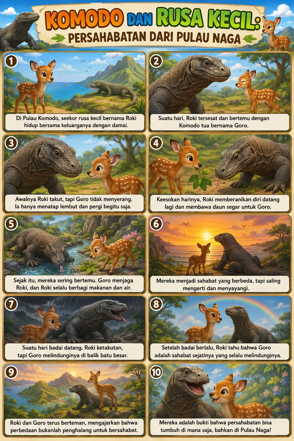 Poster Edukasi Anak Hewan Komodo & Rusa Kecil Persahabatan Pulau Naga - Hiasan Dinding Lucu Berkualitas