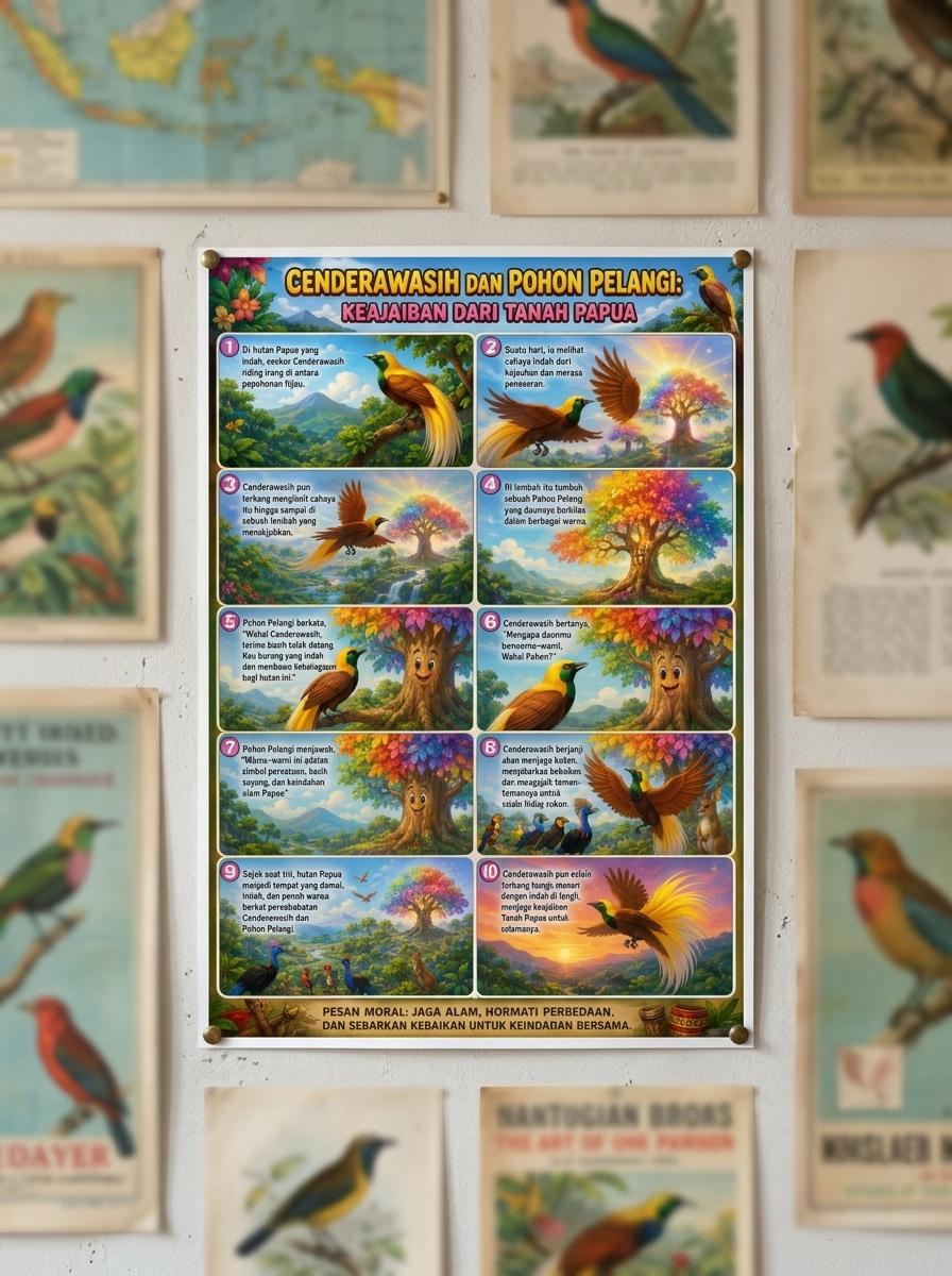 Hiasan Dinding Poster Burung Cenderawasih & Pohon Pelangi Papua Estetik - Dekorasi Ruang Tamu Unik