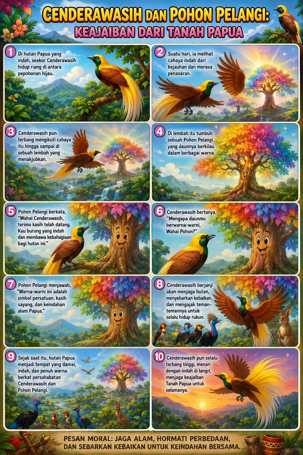 Hiasan Dinding Poster Burung Cenderawasih & Pohon Pelangi Papua Estetik - Dekorasi Ruang Tamu Unik