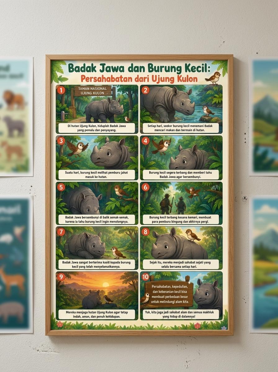 Poster Edukasi Anak Hewan Langka Badak Jawa Ujung Kulon Lukisan Persahabatan Souvenir Indonesia