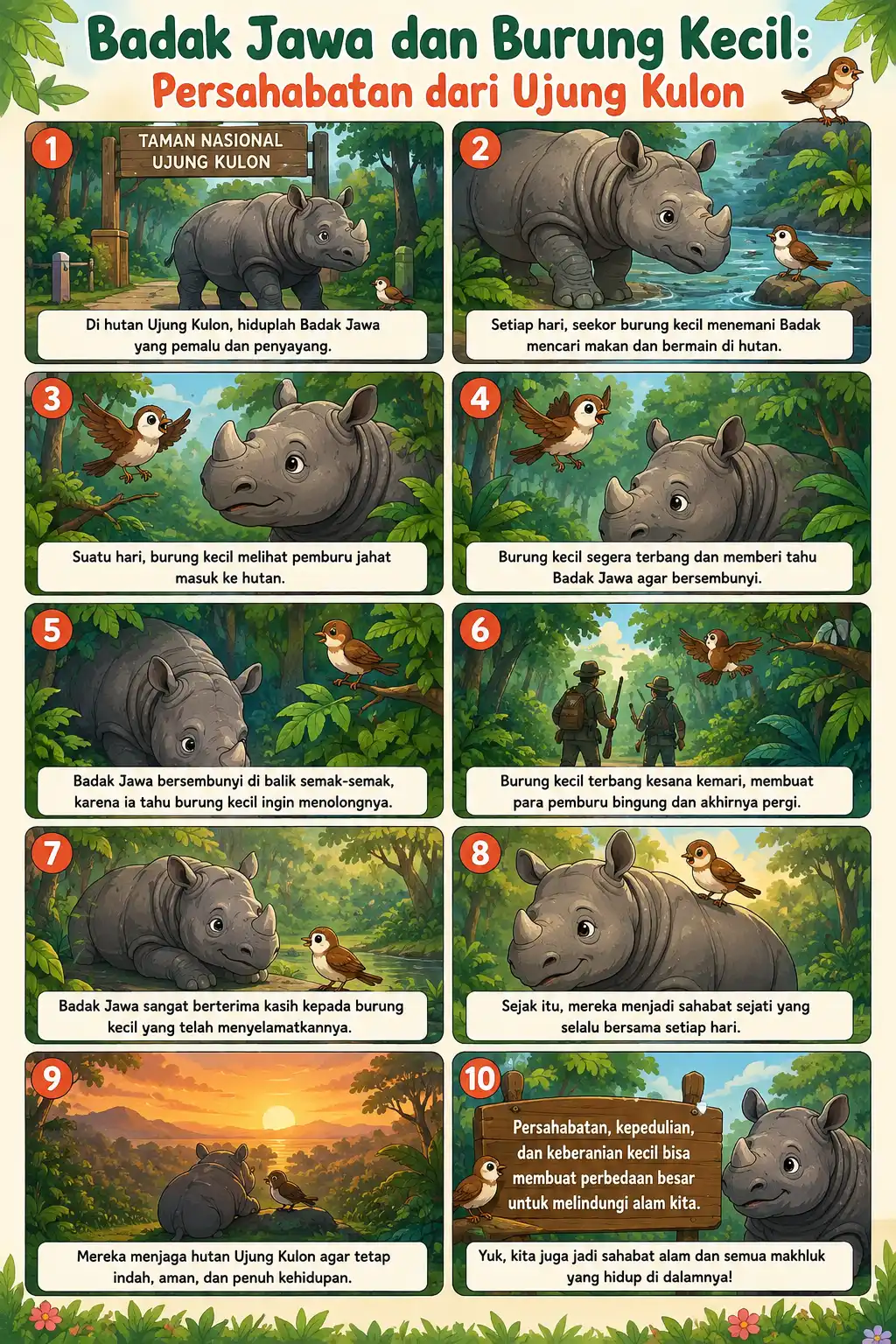 Poster Edukasi Anak Hewan Langka Badak Jawa Ujung Kulon Lukisan Persahabatan Souvenir Indonesia