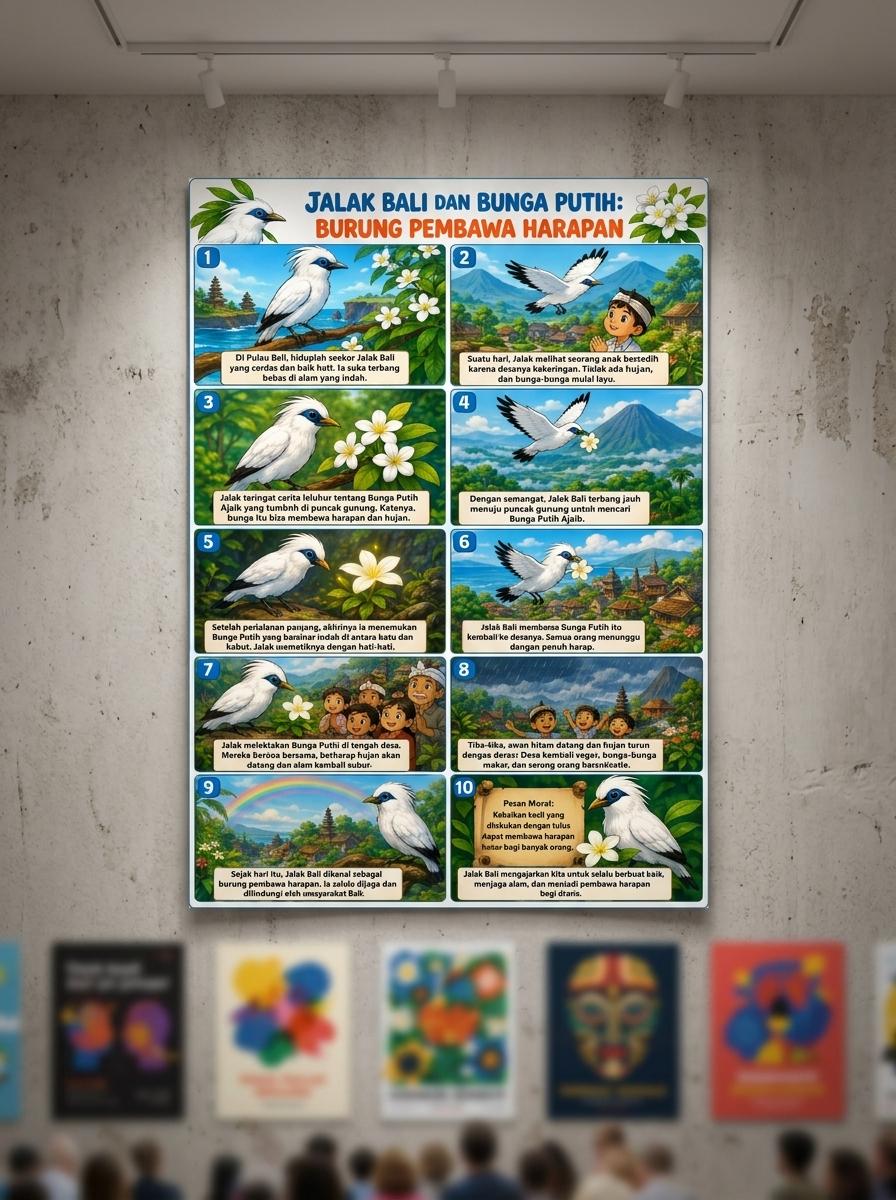 Hiasan Dinding Poster Jalak Bali & Bunga Putih Estetik Dekorasi Rumah Kamar Lukisan Burung Bali Souvenir Kado Unik