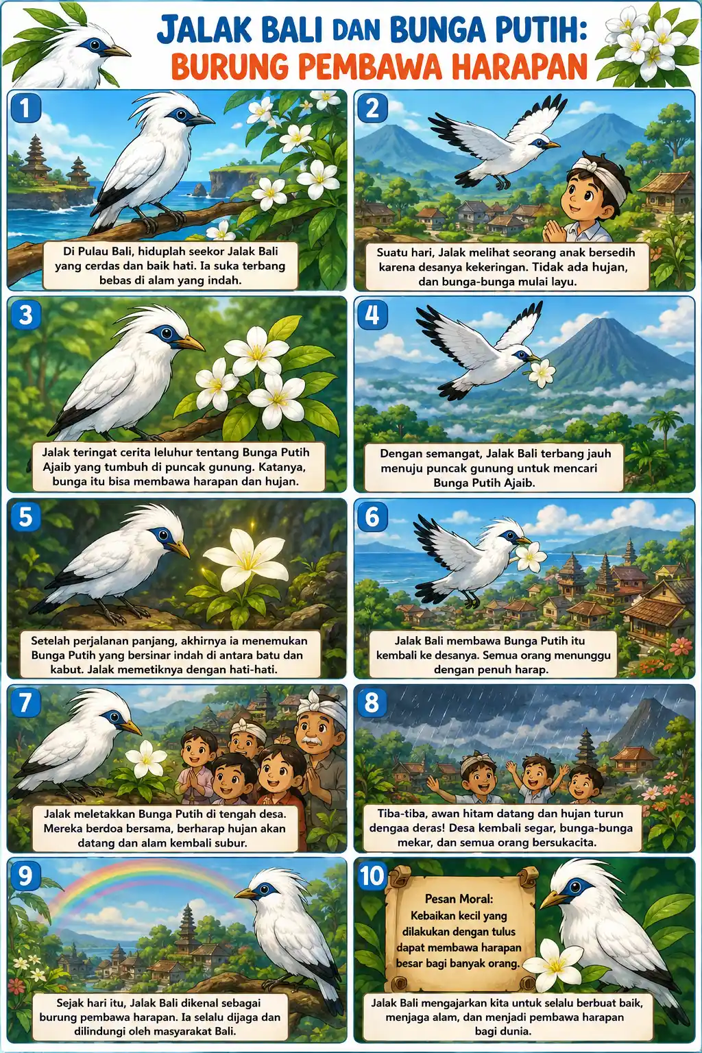Hiasan Dinding Poster Jalak Bali & Bunga Putih Estetik Dekorasi Rumah Kamar Lukisan Burung Bali Souvenir Kado Unik