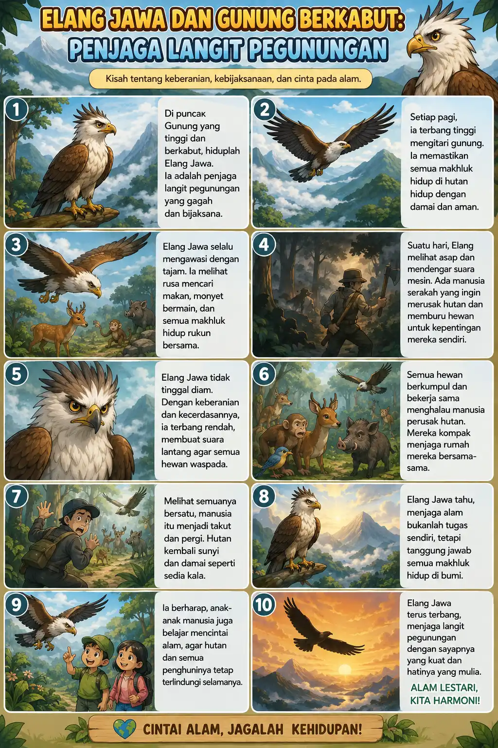 Poster Hiasan Dinding Elang Jawa & Pemandangan Gunung Berkabut - Dekorasi Rumah Estetik Kamar Tidur Minimalis