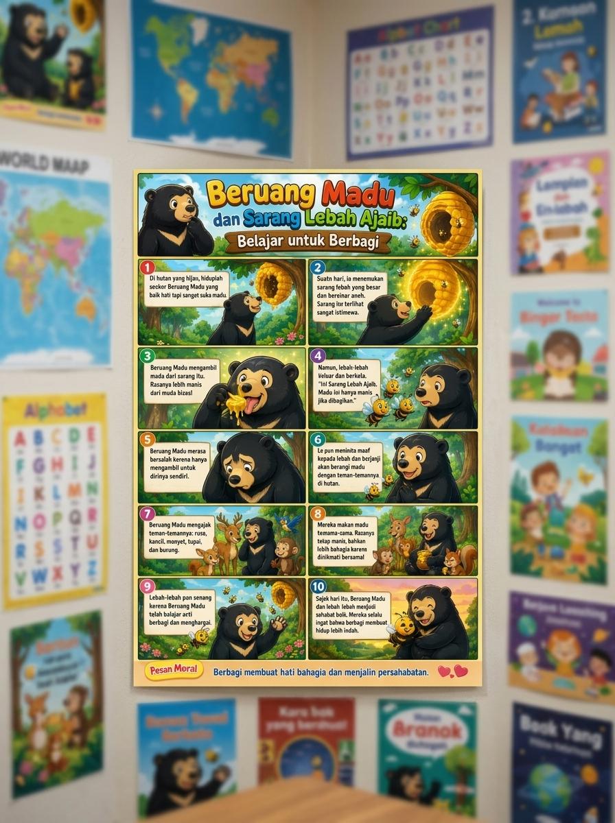 [PROMO] Poster Belajar Anak Karakter Beruang Madu dan Lebah Ajaib - Poster Edukasi Karakter Lucu Kado Anak