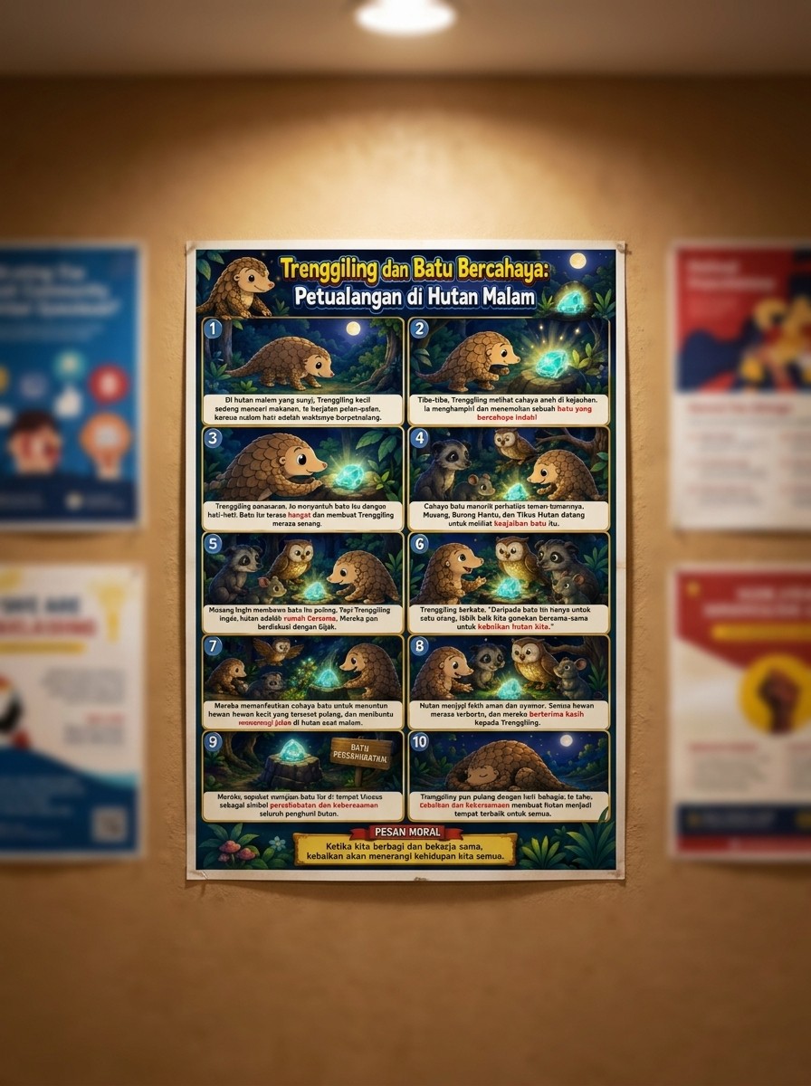 Poster Edukasi Anak Trenggiling dan Batu Bercahaya Hiasan Dinding Kamar Petualangan Hutan Malam A3 Premium