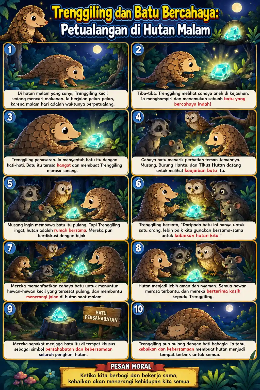 Poster Edukasi Anak Trenggiling dan Batu Bercahaya Hiasan Dinding Kamar Petualangan Hutan Malam A3 Premium