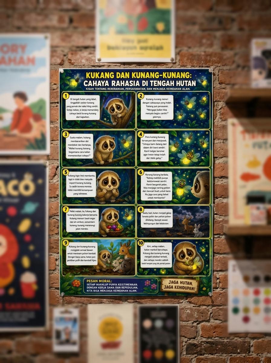 Poster Dinding Kukang & Kunang-Kunang Aesthetic - Hiasan Dinding Kamar Anak Lukisan Hewan Lucu