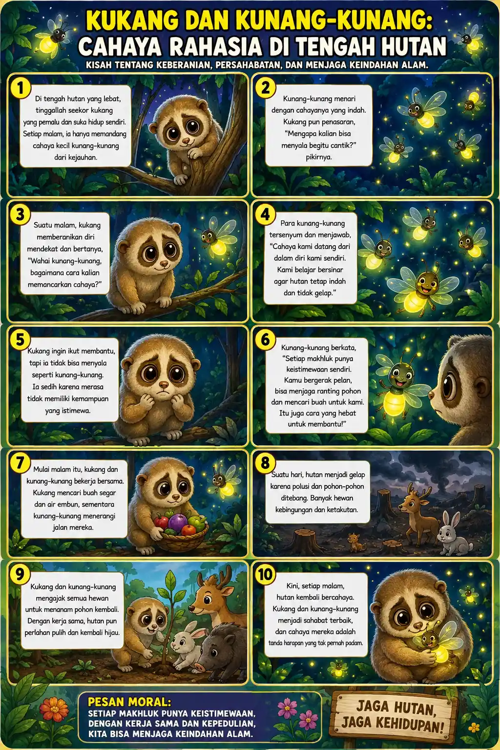 Poster Dinding Kukang & Kunang-Kunang Aesthetic - Hiasan Dinding Kamar Anak Lukisan Hewan Lucu