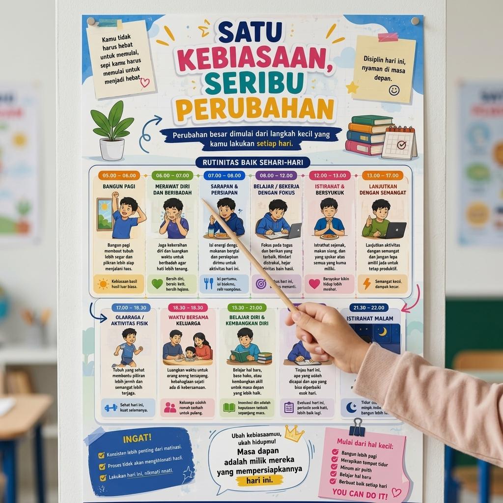 Poster Dinding Motivasi Aesthetic Satu Kebiasaan Seribu Perubahan Hiasan Kamar Minimalis